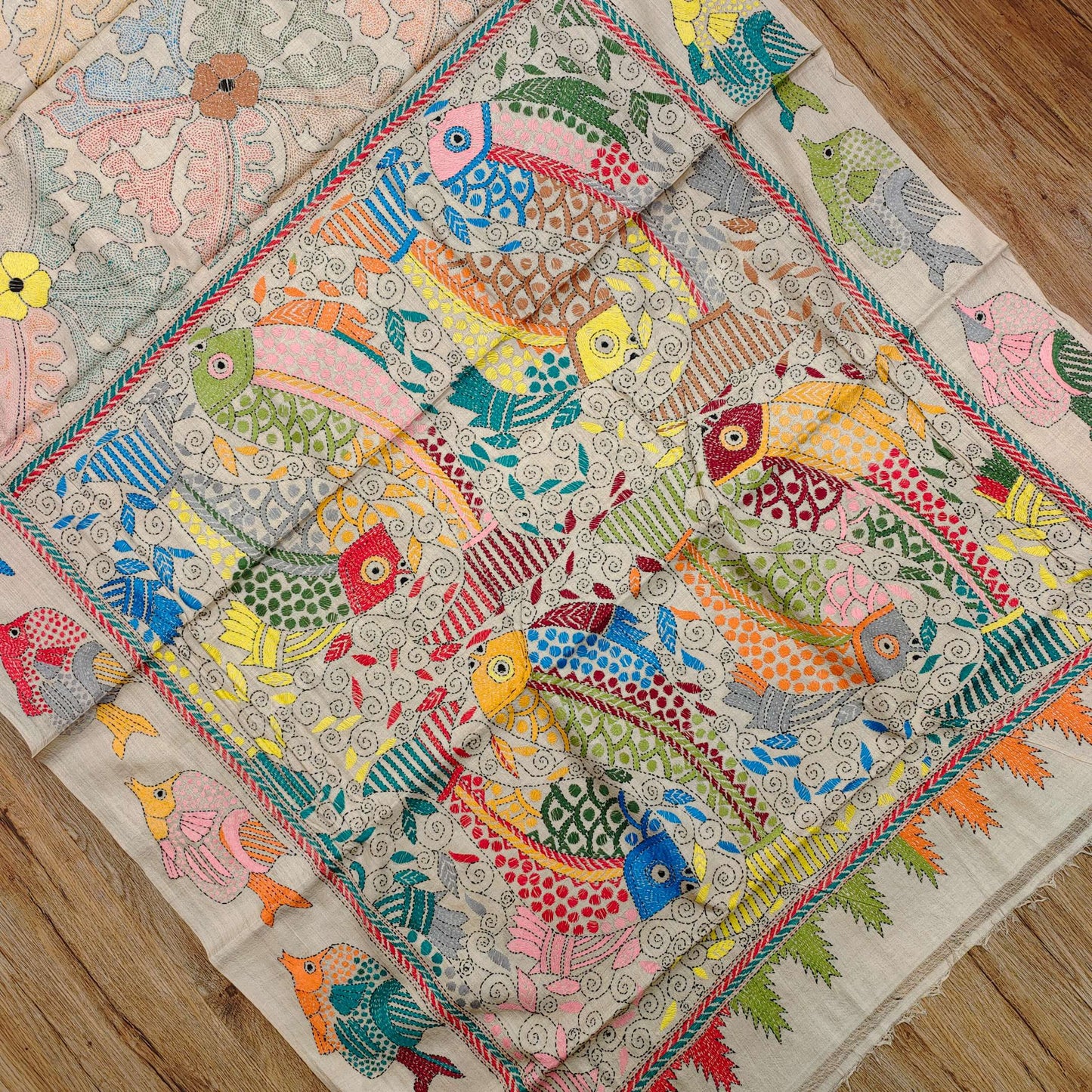Pure Tassar Silk Saree with Multicolor Kantha Stitch – Fish Motif Design