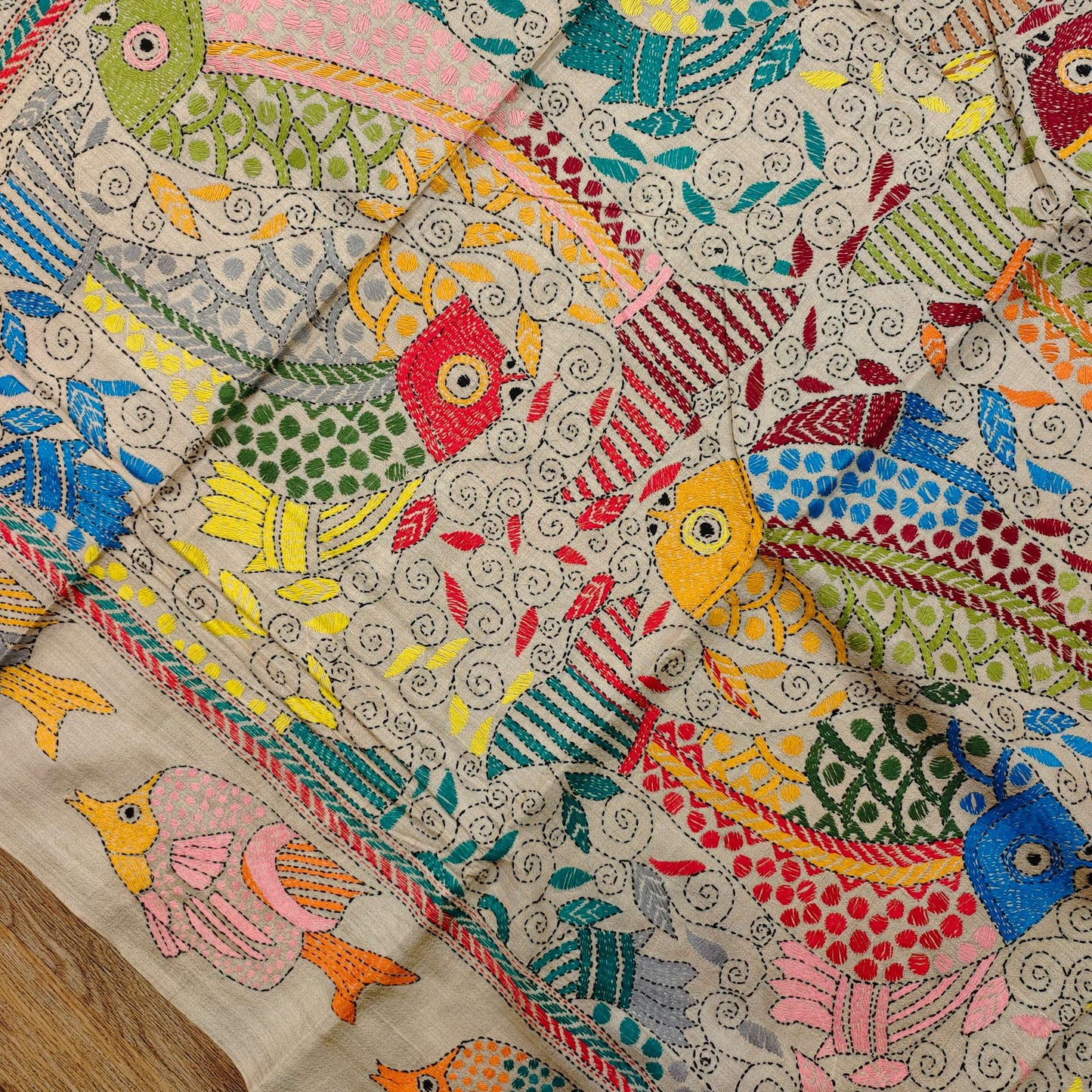 Pure Tassar Silk Saree with Multicolor Kantha Stitch – Fish Motif Design