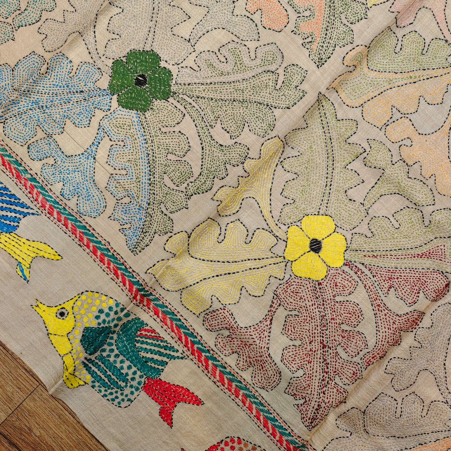 Pure Tassar Silk Saree with Multicolor Kantha Stitch – Fish Motif Design