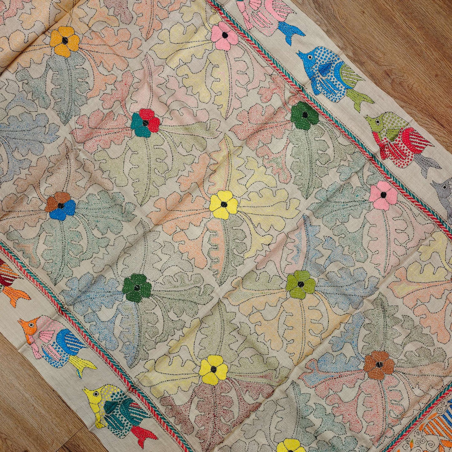 Pure Tassar Silk Saree with Multicolor Kantha Stitch – Fish Motif Design