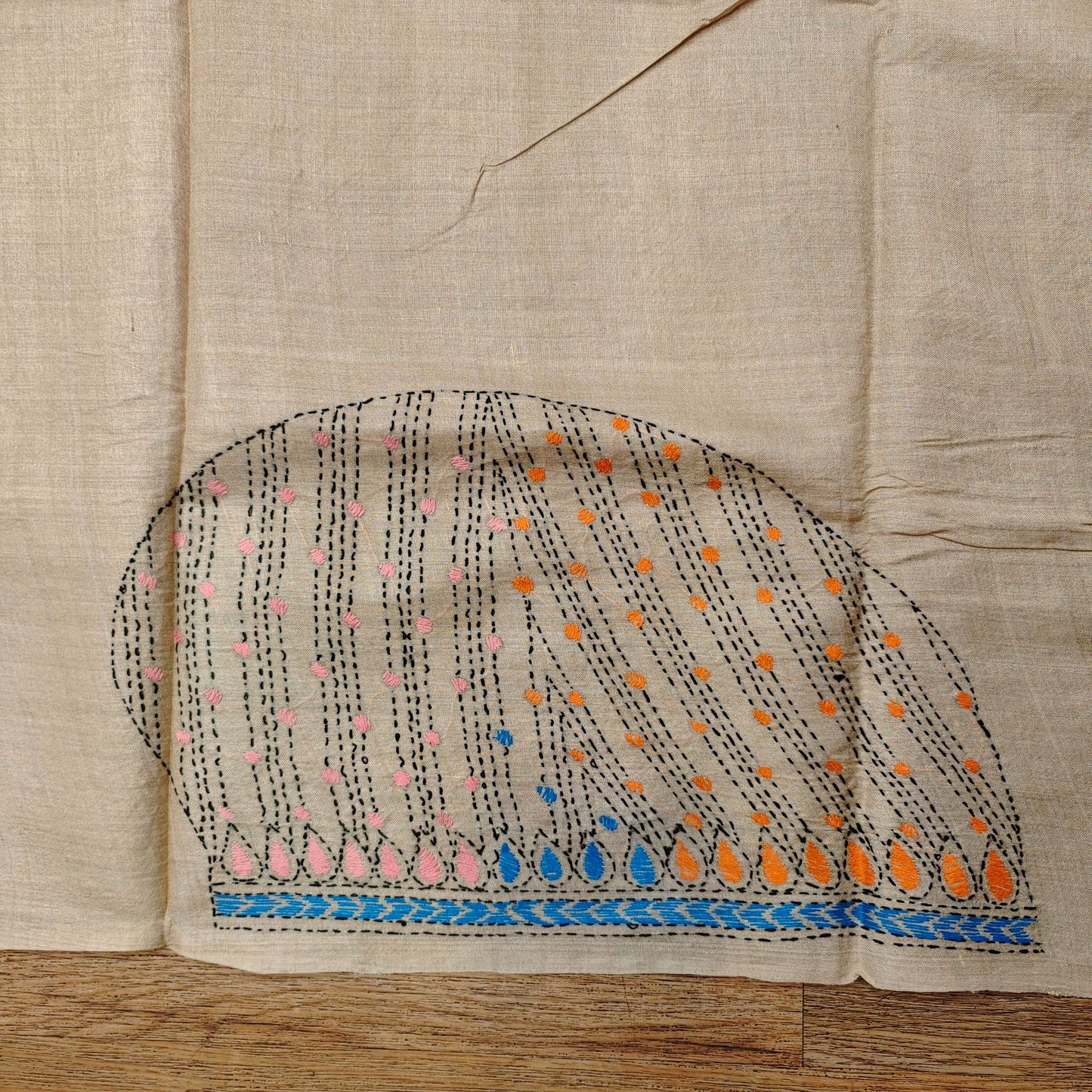 Pure Tassar Silk Saree with Multicolor Kantha Stitch – Fish Motif Design