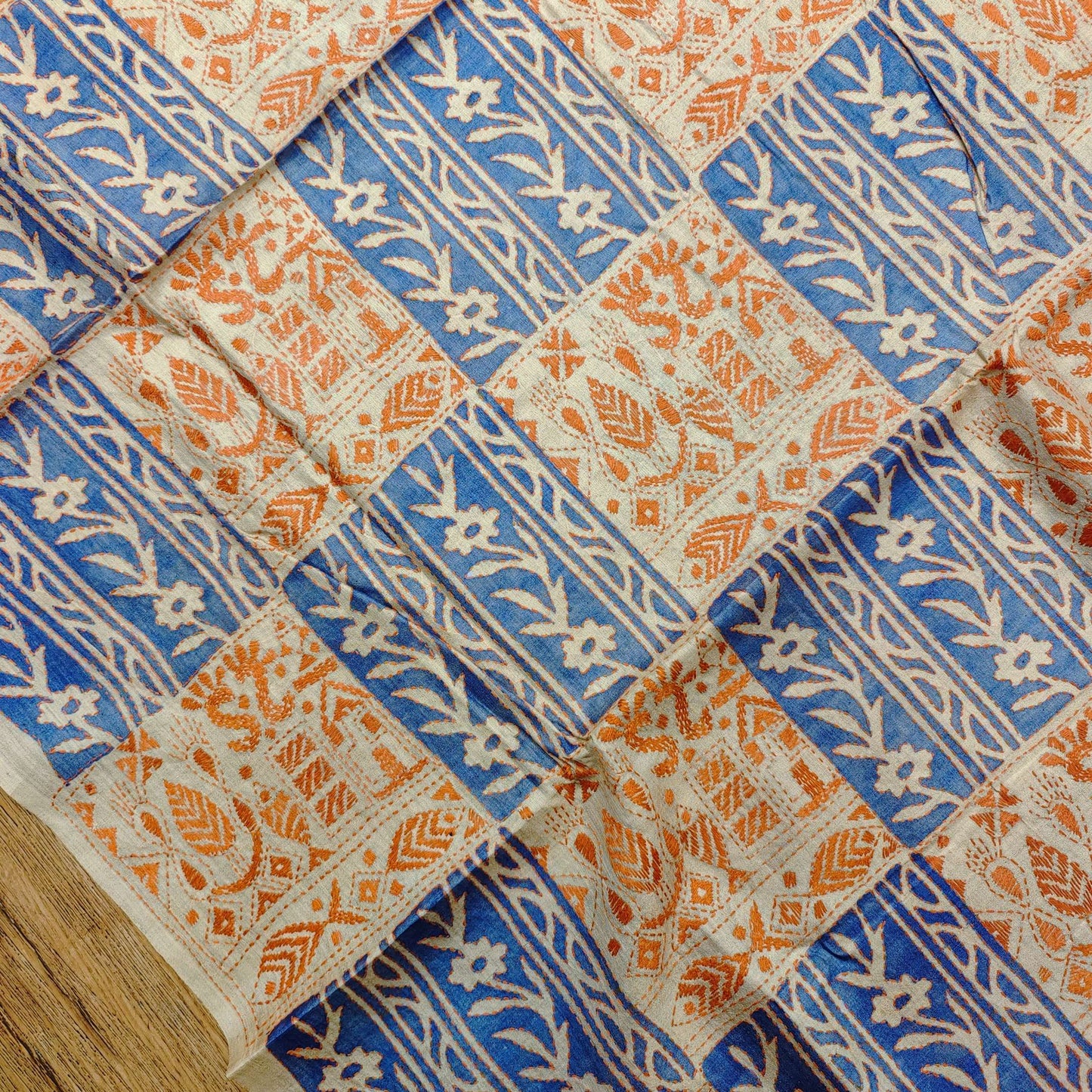 Pure Tussar Kantha Stitch Saree with Box Design Achal