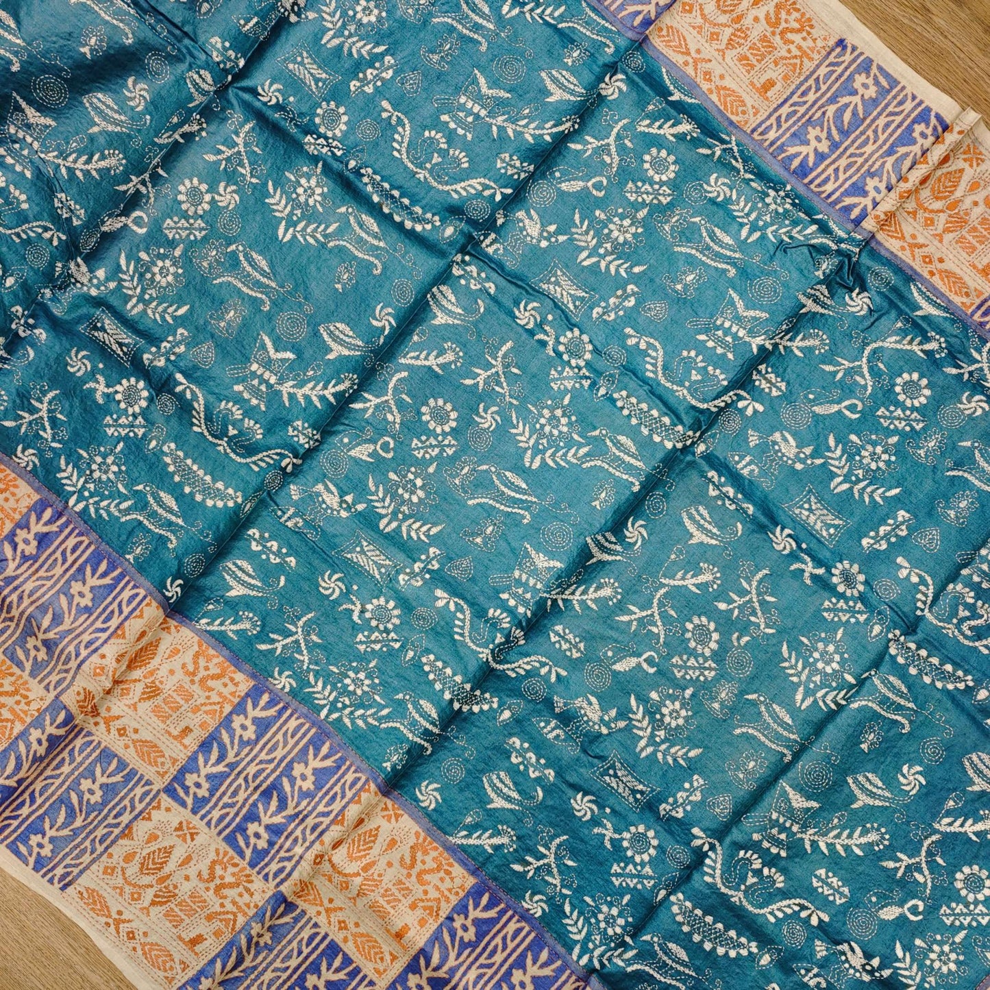 Pure Tussar Kantha Stitch Saree with Box Design Achal