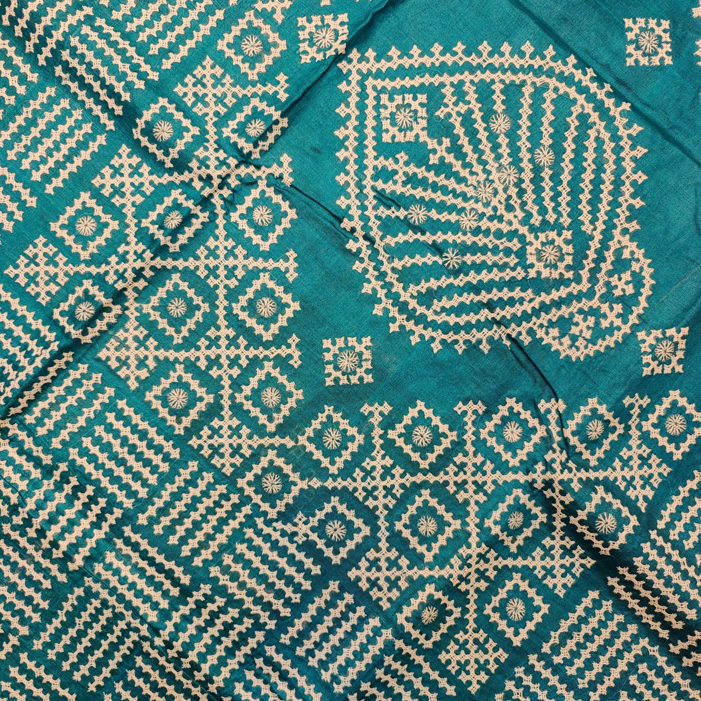 Golden Yellow Tussar Silk Saree with Intricate Gujarati Embroidery