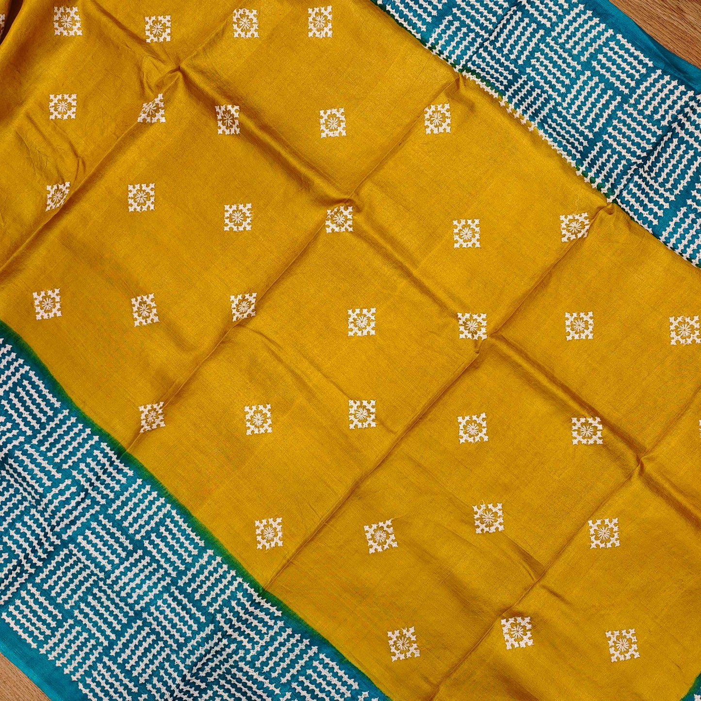 Golden Yellow Tussar Silk Saree with Intricate Gujarati Embroidery