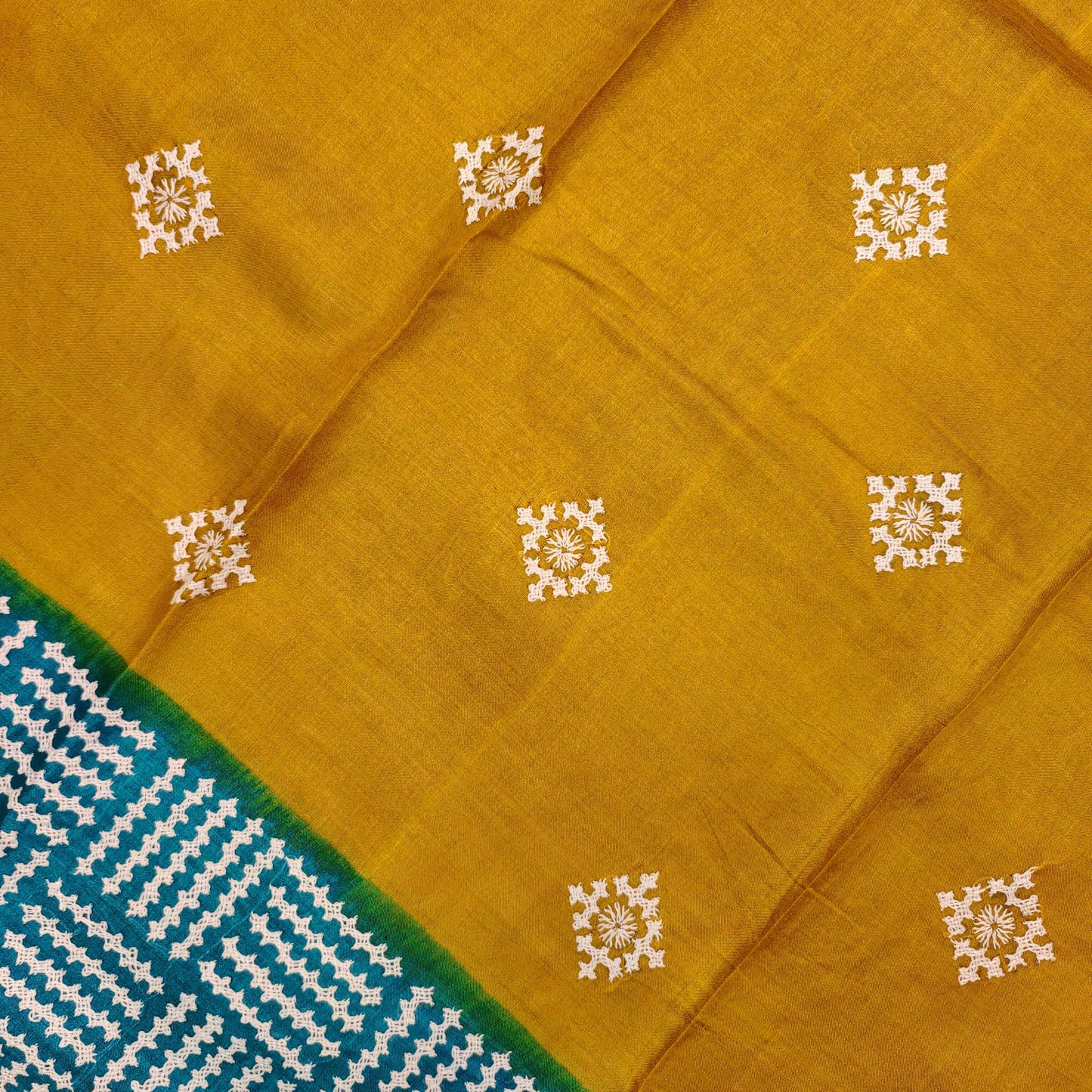 Golden Yellow Tussar Silk Saree with Intricate Gujarati Embroidery