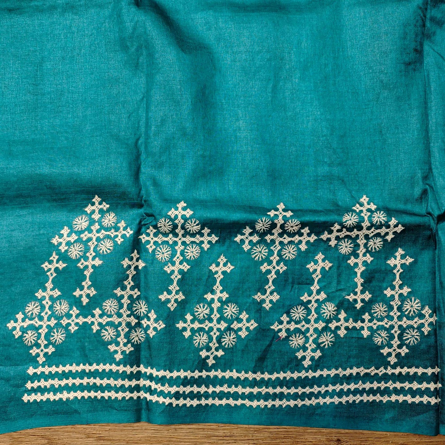 Golden Yellow Tussar Silk Saree with Intricate Gujarati Embroidery