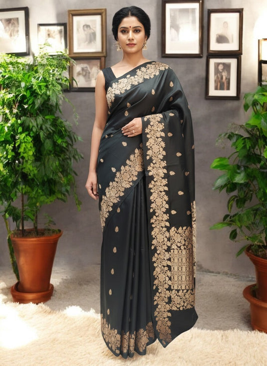 Pure Handwoven Katan Silk Saree with Leaf Motif