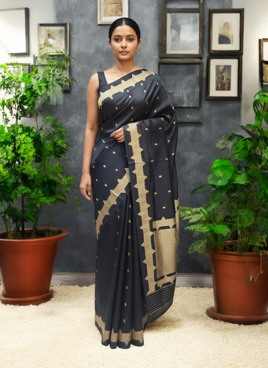 Pure Handwoven Katan Silk Saree with Geometric Zari Border