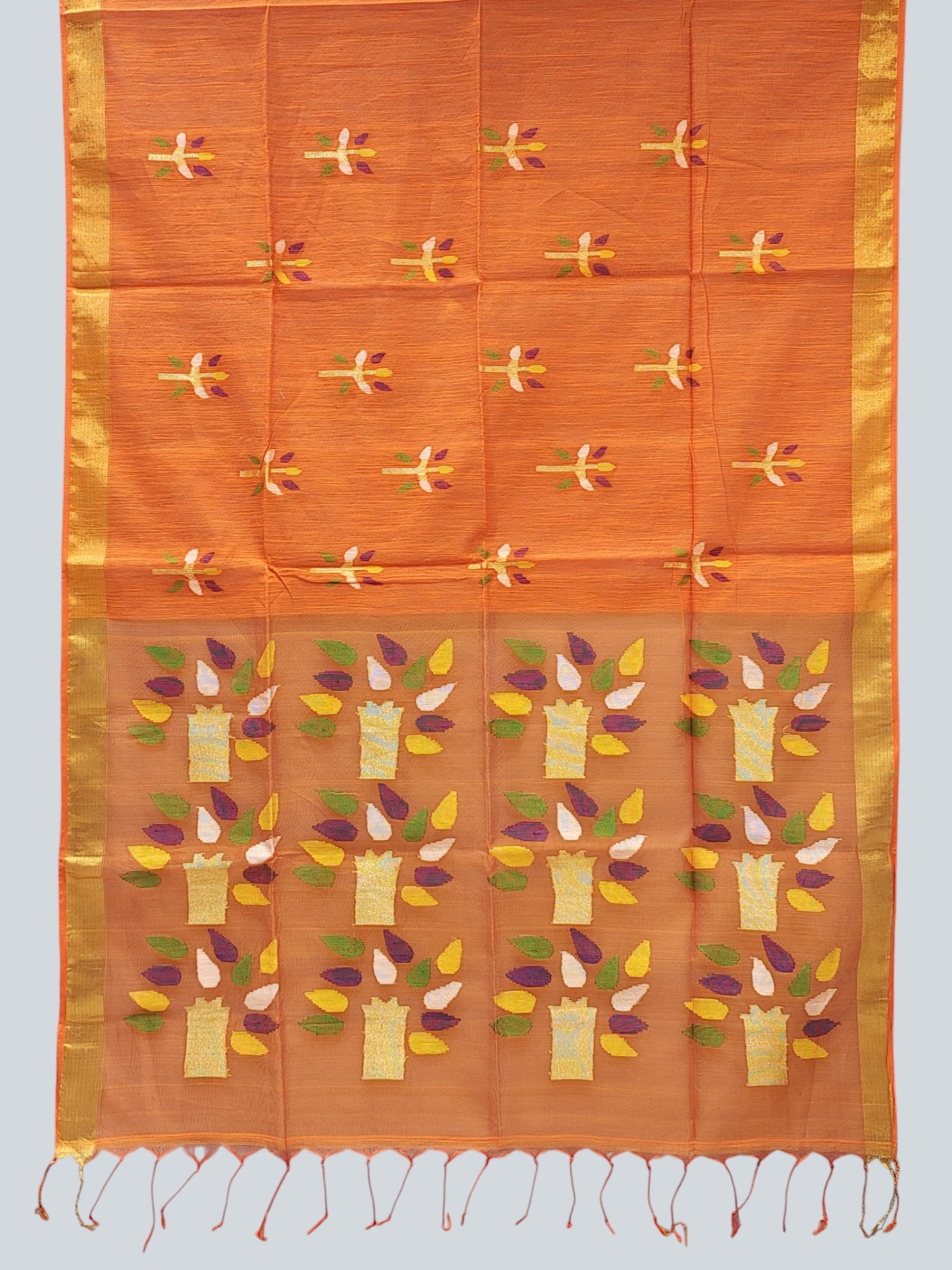 Matka Muslin Saree with All-Over Booties and Golden Border