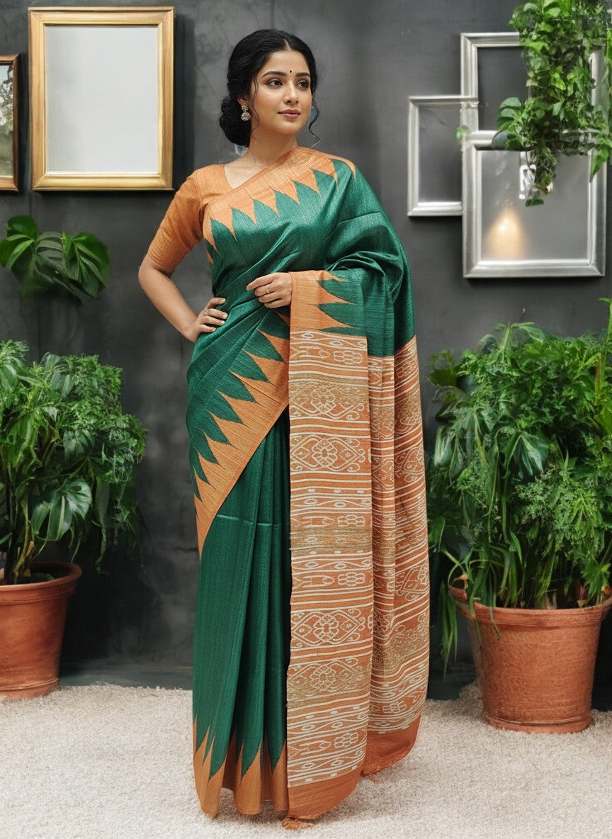 Pure Tussar Silk Saree with Temple Border & Zari Woven Aanchal