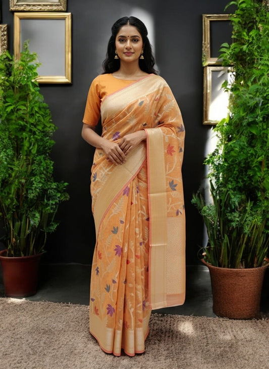 Kona Chandiri Blend Saree with Multicolor Bhooti & Zari Border