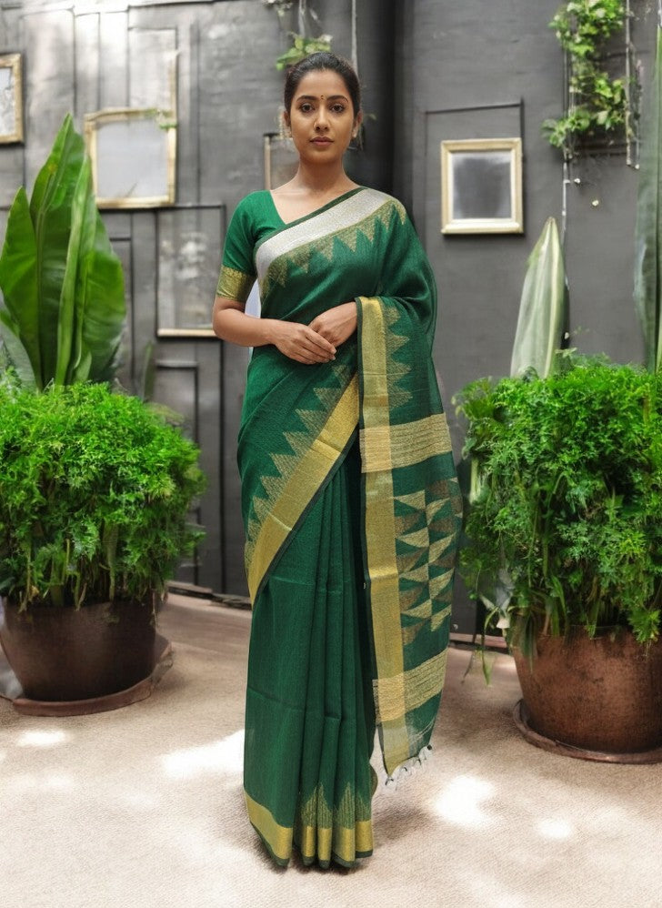 LinenBengal Handloom Linen Saree with Ganga-Jamuna Zari Border & Textured Pallu