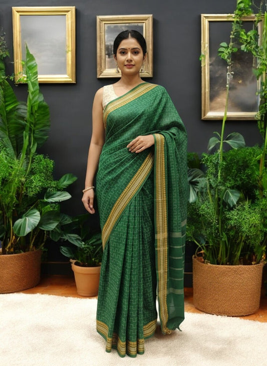 Kanchi Cotton Saree with Resham Weave & Contrast Border