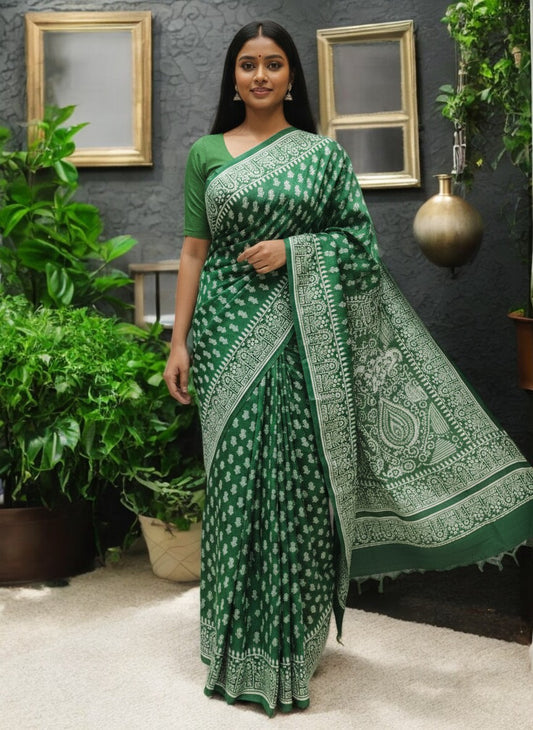 Pure Bishnupuri Silk Monochrome Block Printed Saree