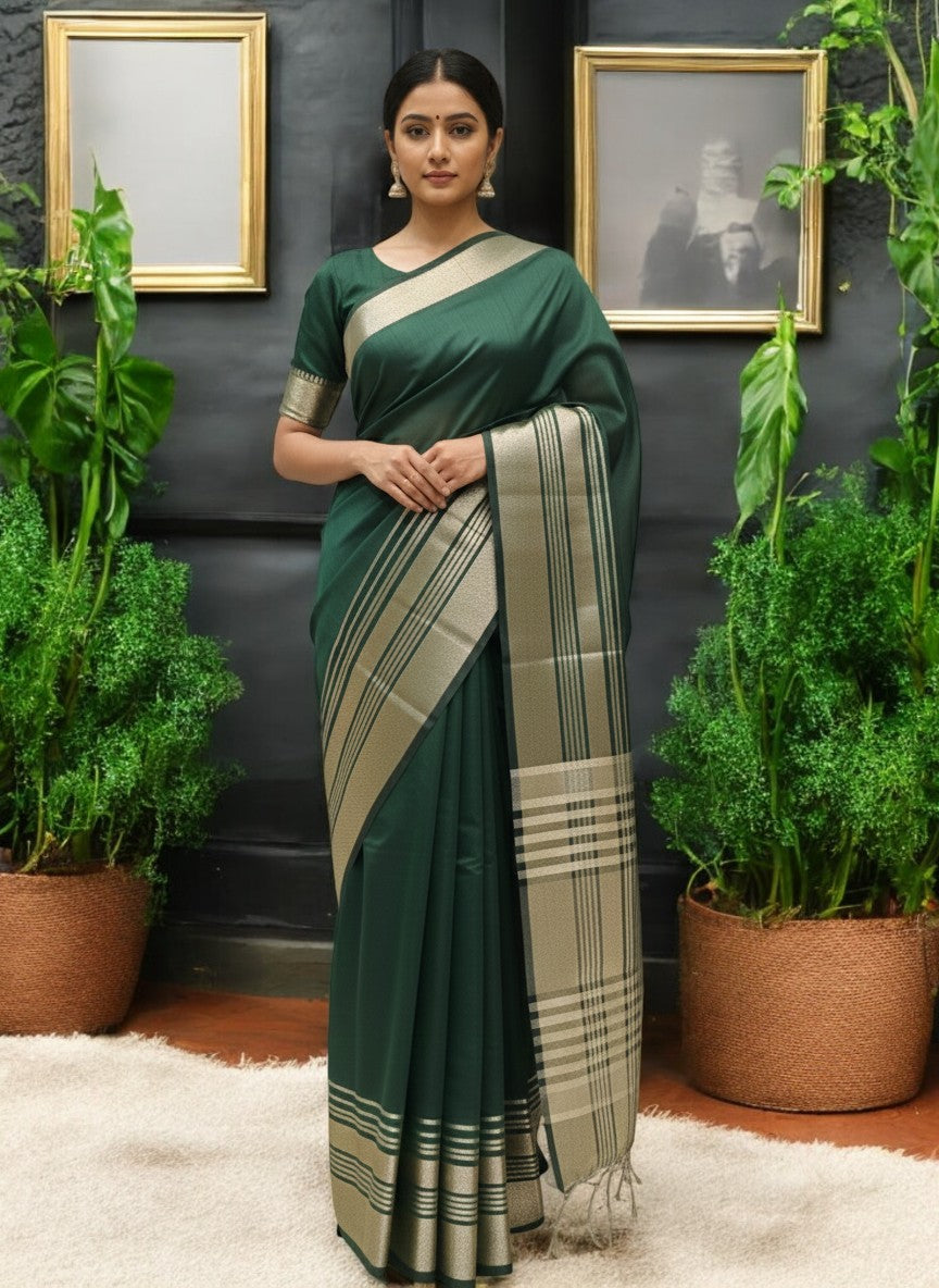 Maheshwari Siko Saree with Zari Woven Borders & Striped Pallu