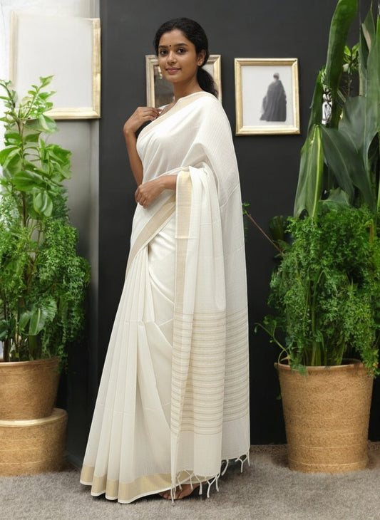 Elegant Semi-Tussar Saree with Zari Borders and Striped Pallu