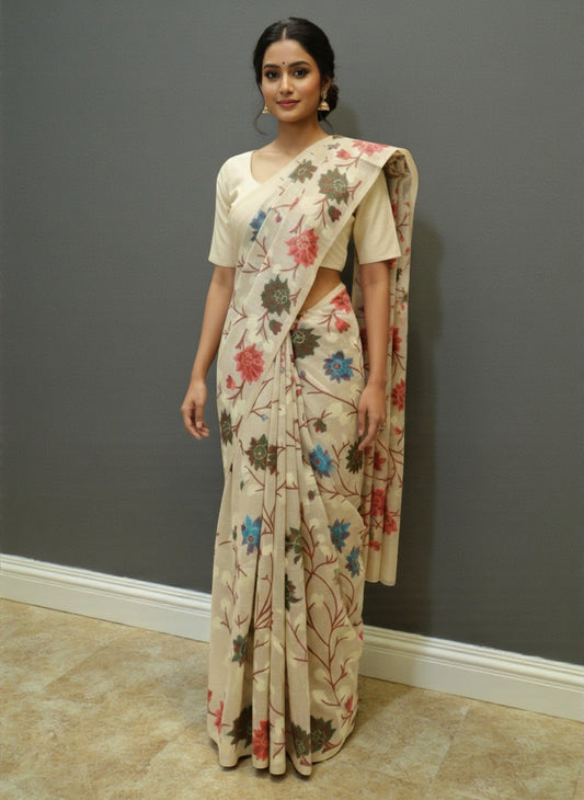 Ivory Pink Resham Floral Saree