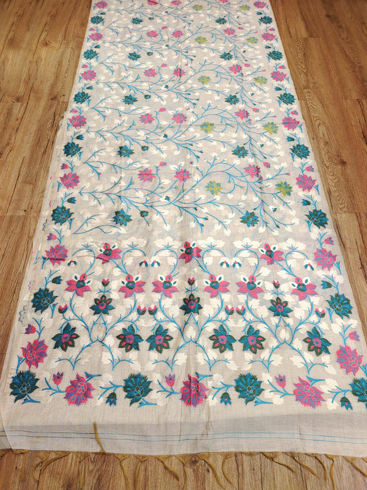 Ivory Aqua Resham Floral Saree