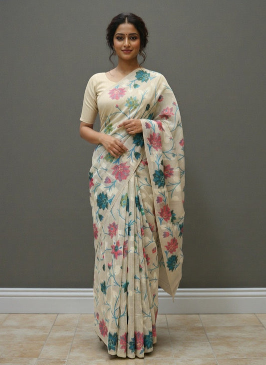 Ivory Aqua Resham Floral Saree