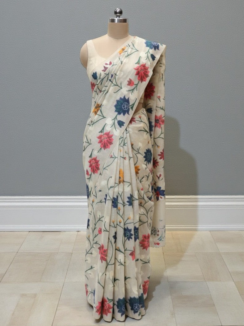 Ivory Navy Resham Floral Saree