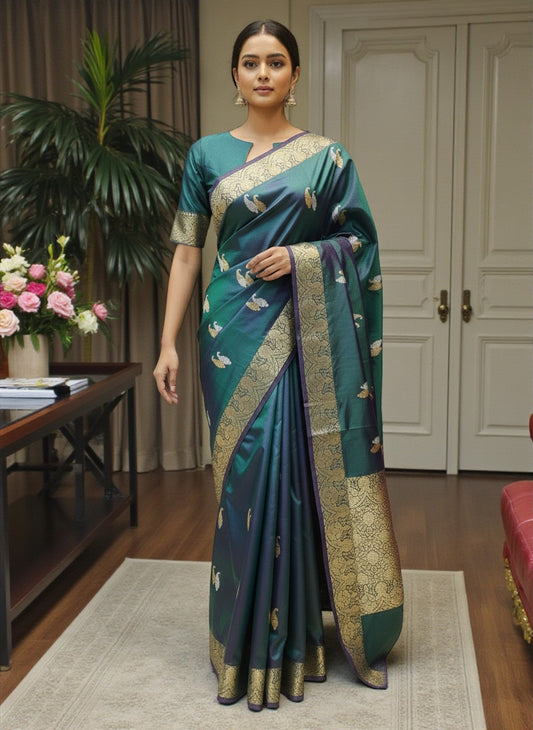 Deep Teal Green Kataan Silk Banarasi Saree with Antique Gold Zari Border
