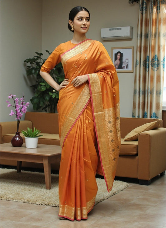 Fiery Yellow-Pink Kataan Silk Banarasi Saree with Meena Buti & Rich Gold Zari Pallu
