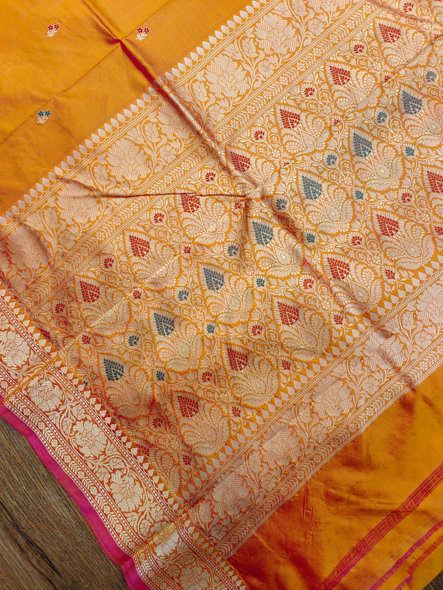 Fiery Yellow-Pink Kataan Silk Banarasi Saree with Meena Buti & Rich Gold Zari Pallu
