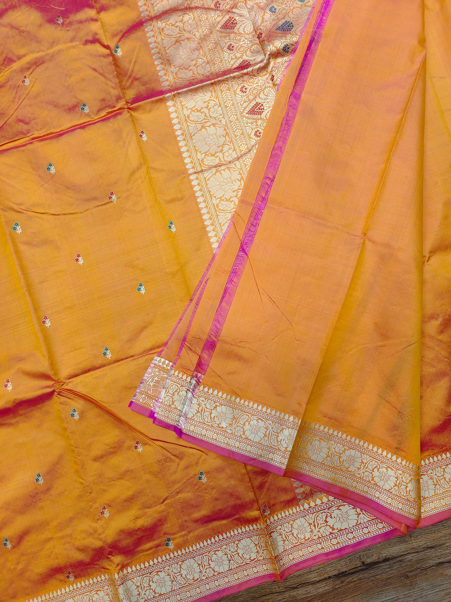 Fiery Yellow-Pink Kataan Silk Banarasi Saree with Meena Buti & Rich Gold Zari Pallu