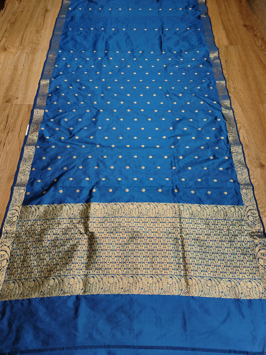 Royal Blue Kataan Silk Banarasi Saree with Gold Zari Border