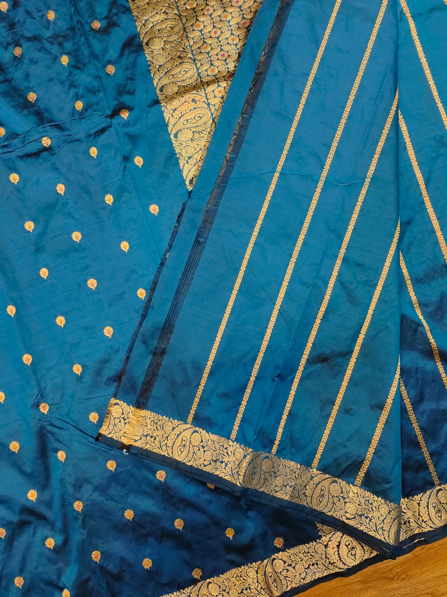 Royal Blue Kataan Silk Banarasi Saree with Gold Zari Border