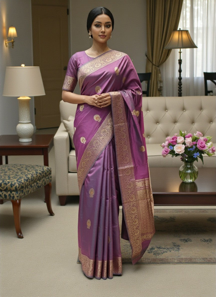 Lavender Purple Kataan Silk Banarasi Saree with Classic Gold Zari Work