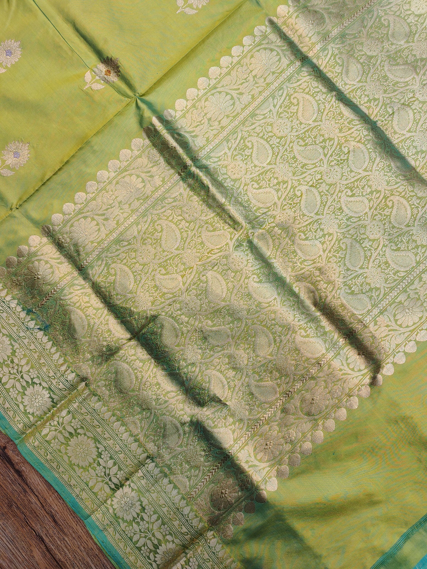 Parrot Green Kataan Silk Banarasi Saree with Intricate Gold Zari Border