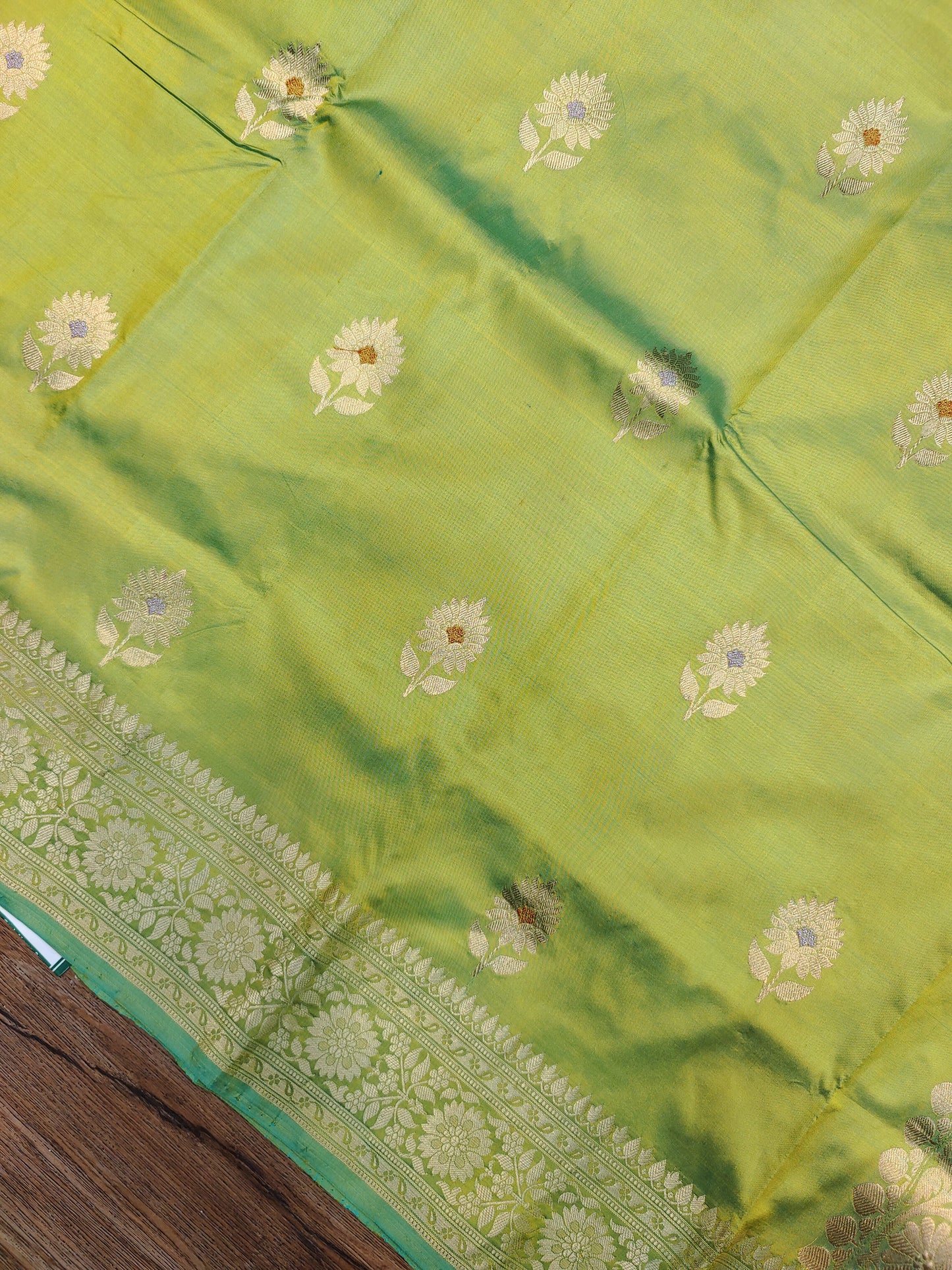 Parrot Green Kataan Silk Banarasi Saree with Intricate Gold Zari Border