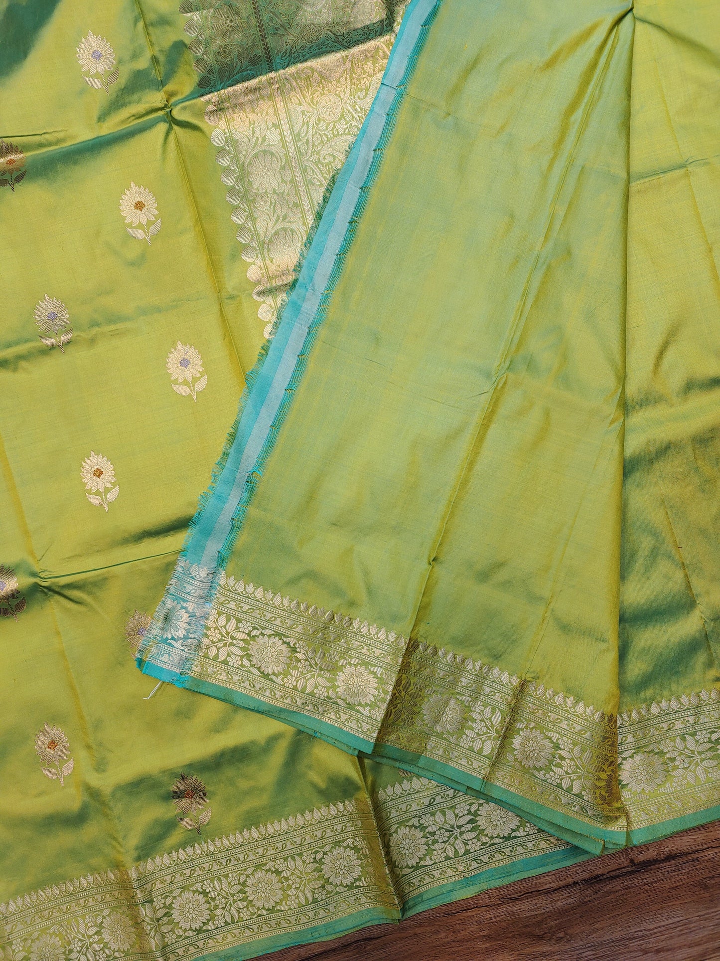 Parrot Green Kataan Silk Banarasi Saree with Intricate Gold Zari Border