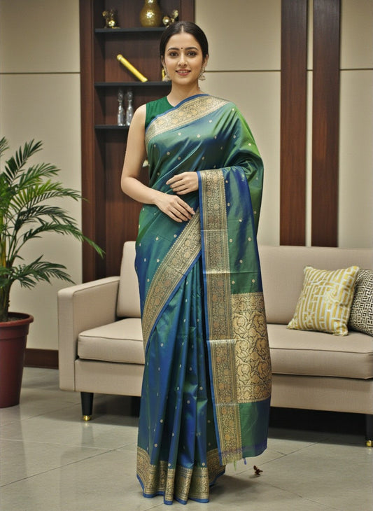 Peacock-Toned Kataan Silk Banarasi Saree with Elegant Gold Zari Border