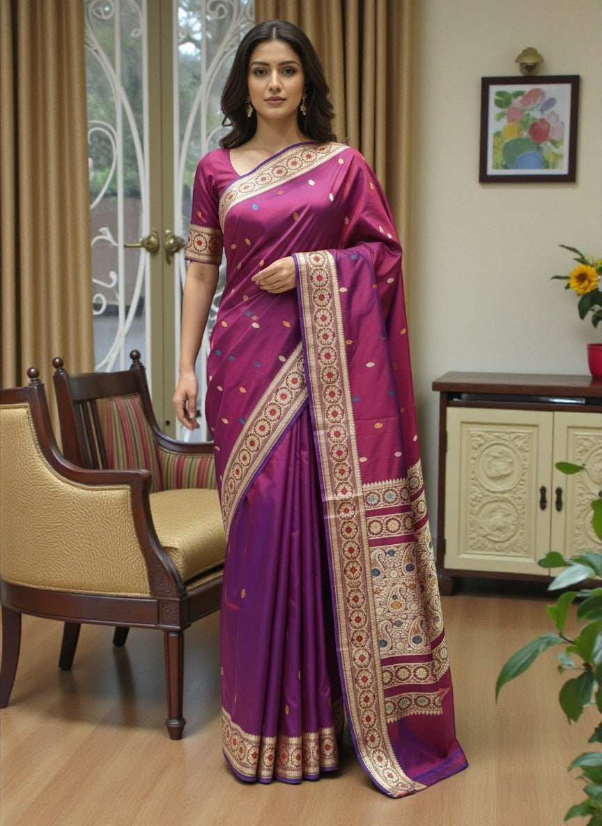 Magenta–Purple Cross-Toned Kataan Silk Banarasi Saree with Multicolour Accents