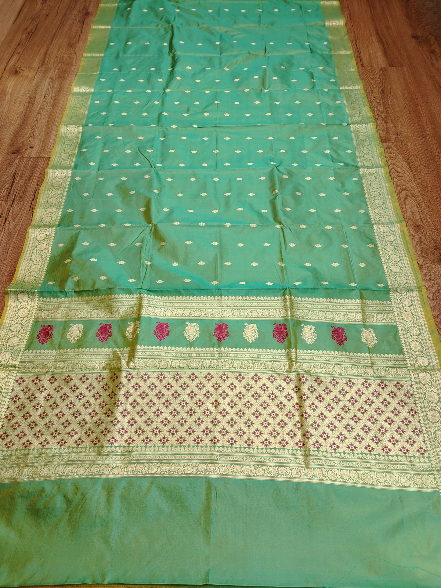 Aqua Green Kataan Silk Banarasi Saree with Meena & Resham Work