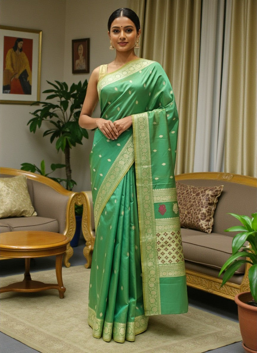 Aqua Green Kataan Silk Banarasi Saree with Meena & Resham Work