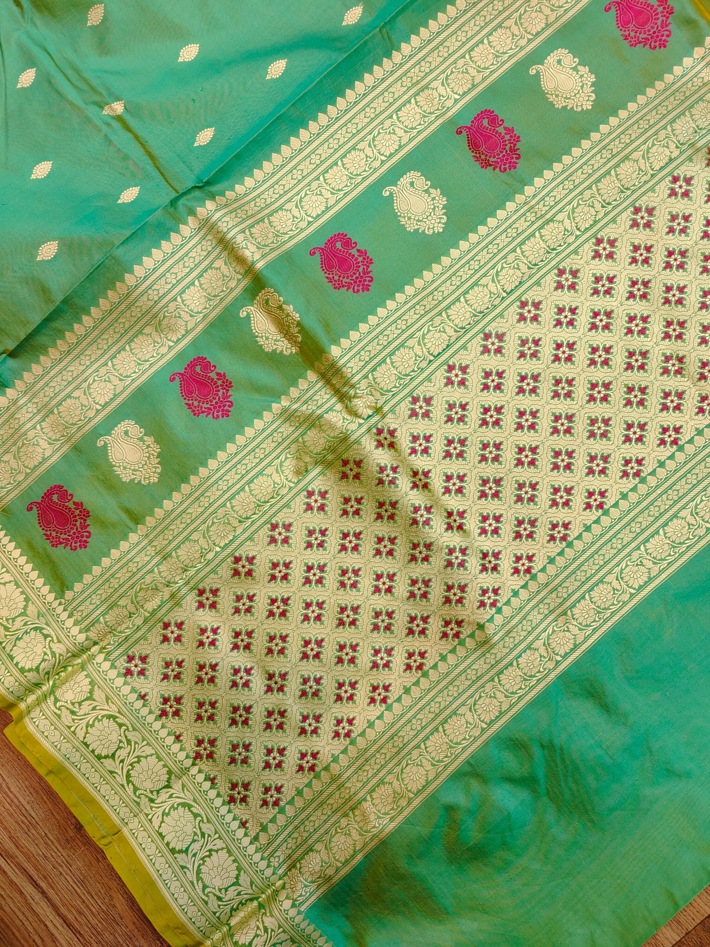 Aqua Green Kataan Silk Banarasi Saree with Meena & Resham Work