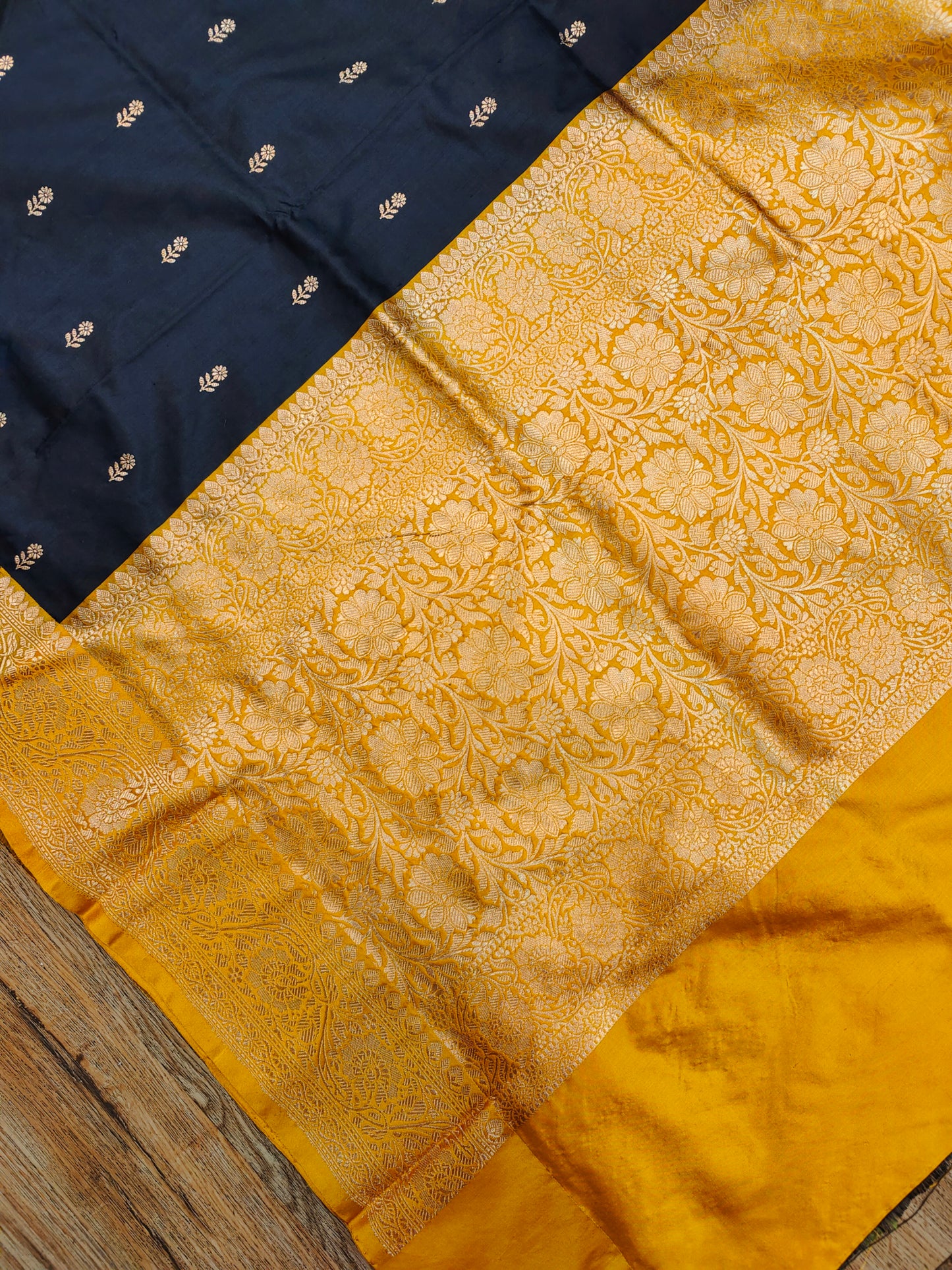 Black & Ochre Yellow Kataan Silk Banarasi Sari with Rich Gold Zari Pallu
