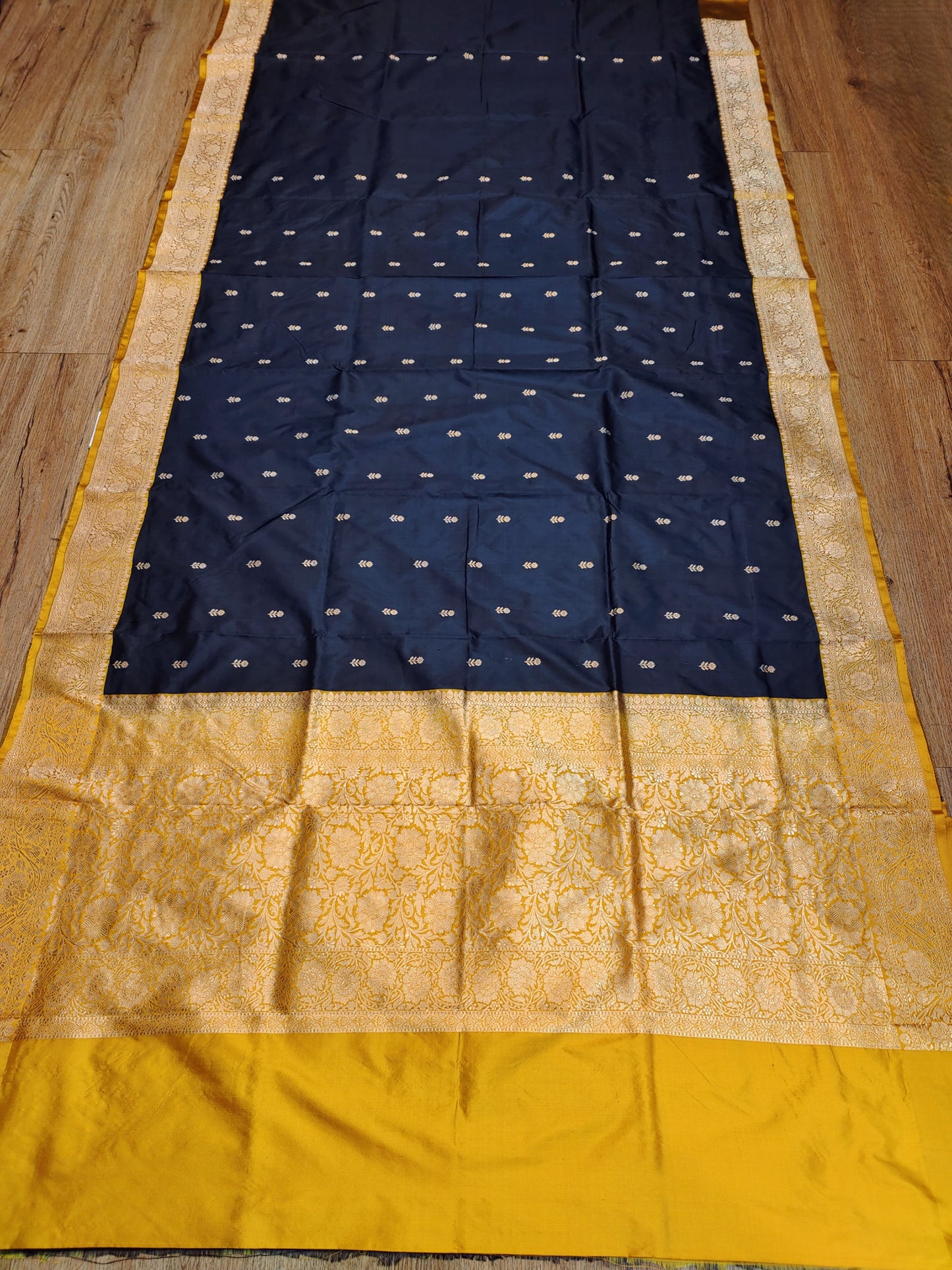 Black & Ochre Yellow Kataan Silk Banarasi Sari with Rich Gold Zari Pallu