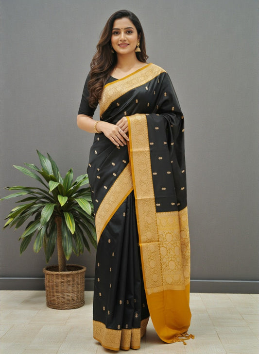Black & Ochre Yellow Kataan Silk Banarasi Sari with Rich Gold Zari Pallu