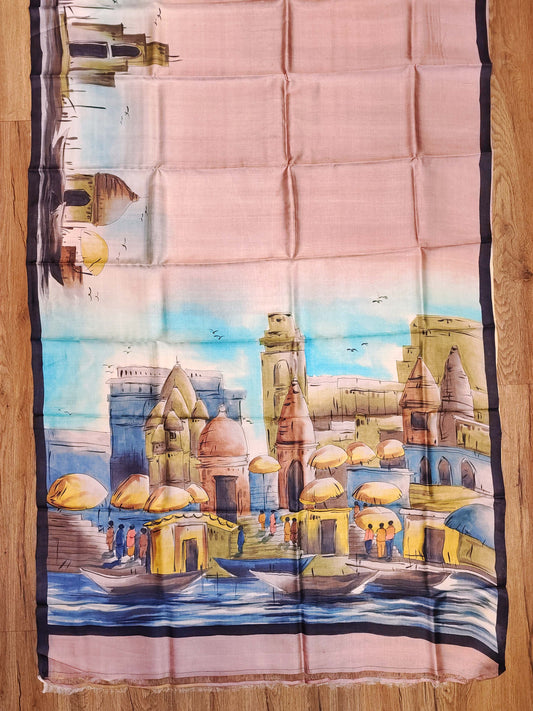 Hand Painted Banaras Ghat Pure Tussar Silk Saree