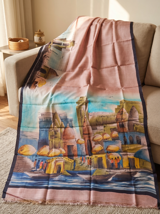 Hand Painted Banaras Ghat Pure Tussar Silk Saree