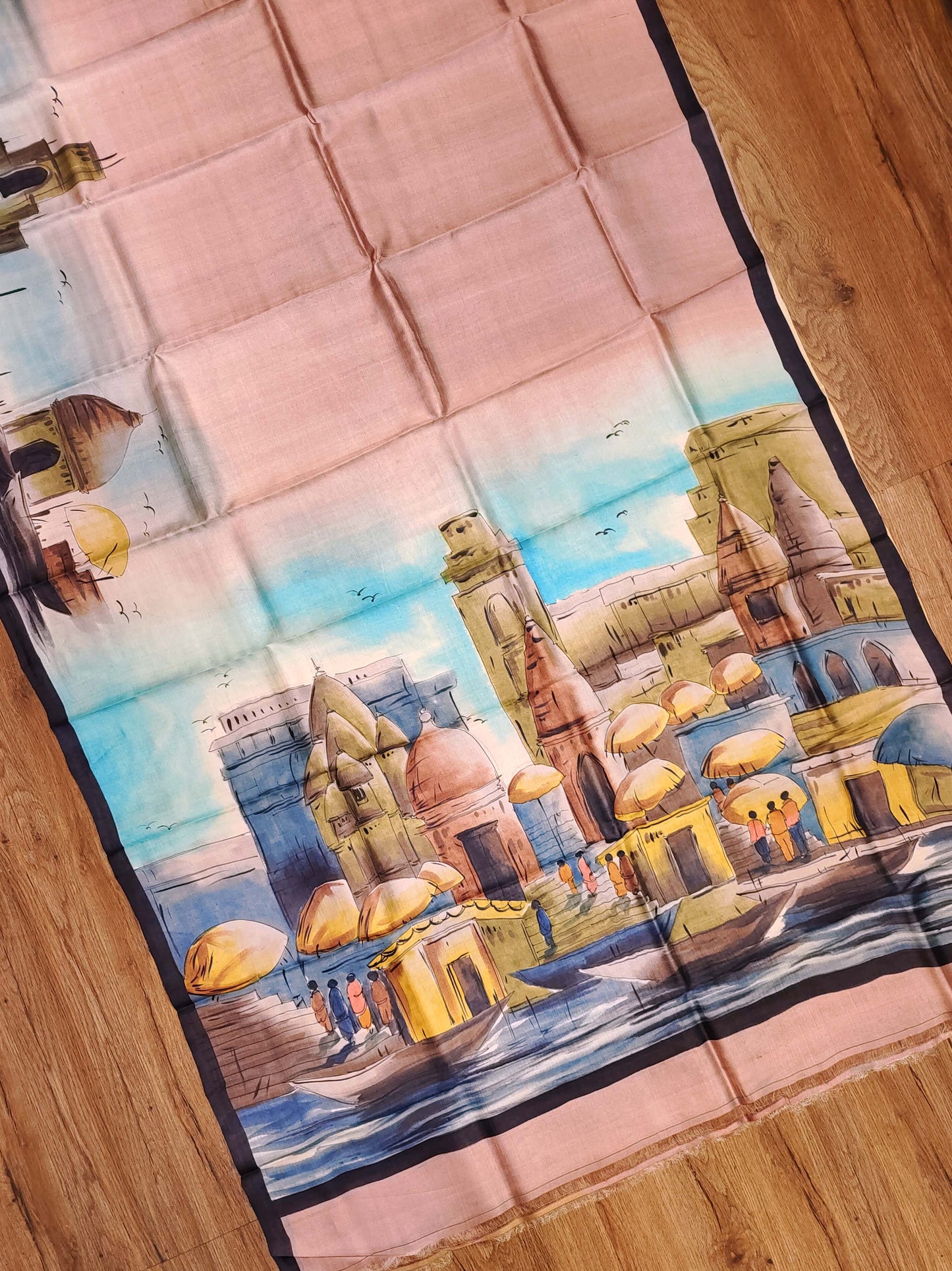 Hand Painted Banaras Ghat Pure Tussar Silk Saree