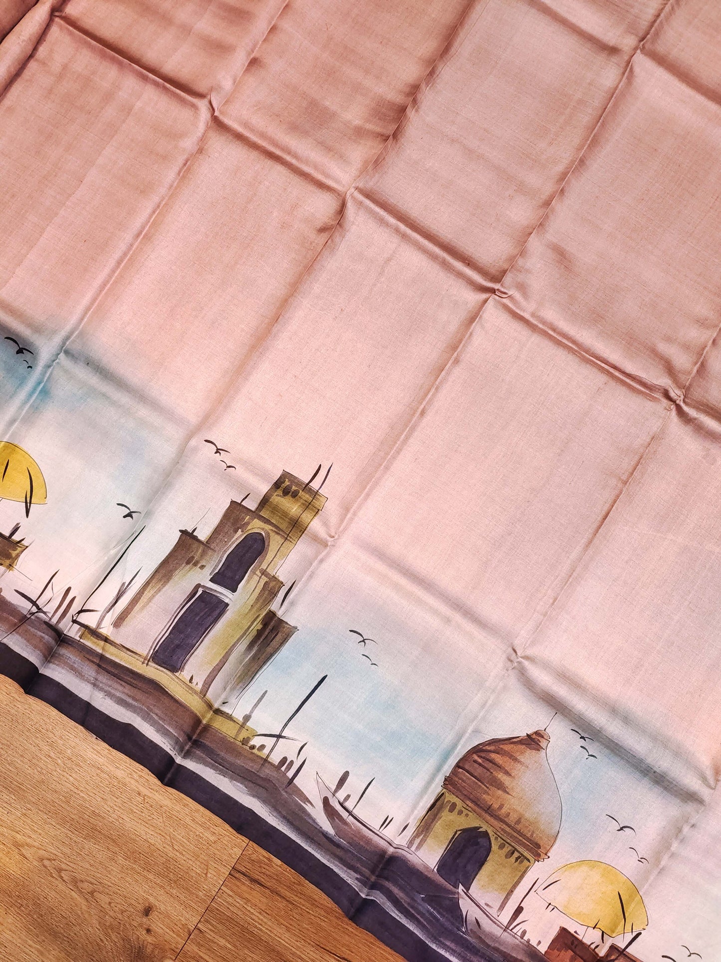Hand Painted Banaras Ghat Pure Tussar Silk Saree