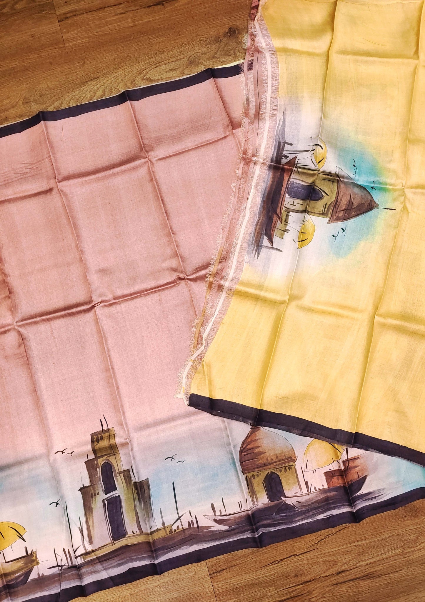 Hand Painted Banaras Ghat Pure Tussar Silk Saree