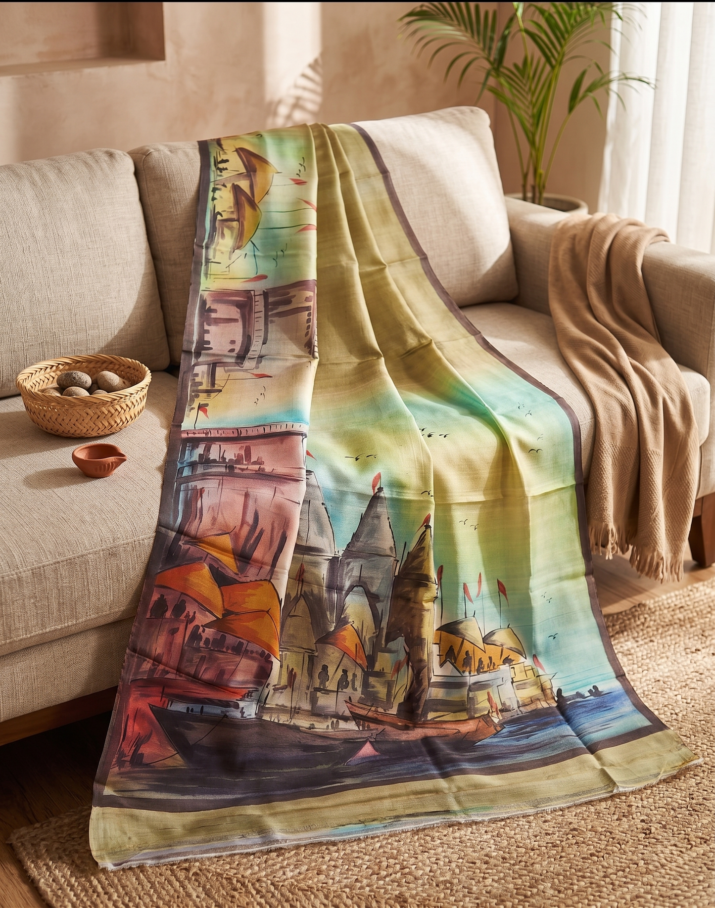 Hand Painted Banaras Ghat Pure Tussar Silk Saree