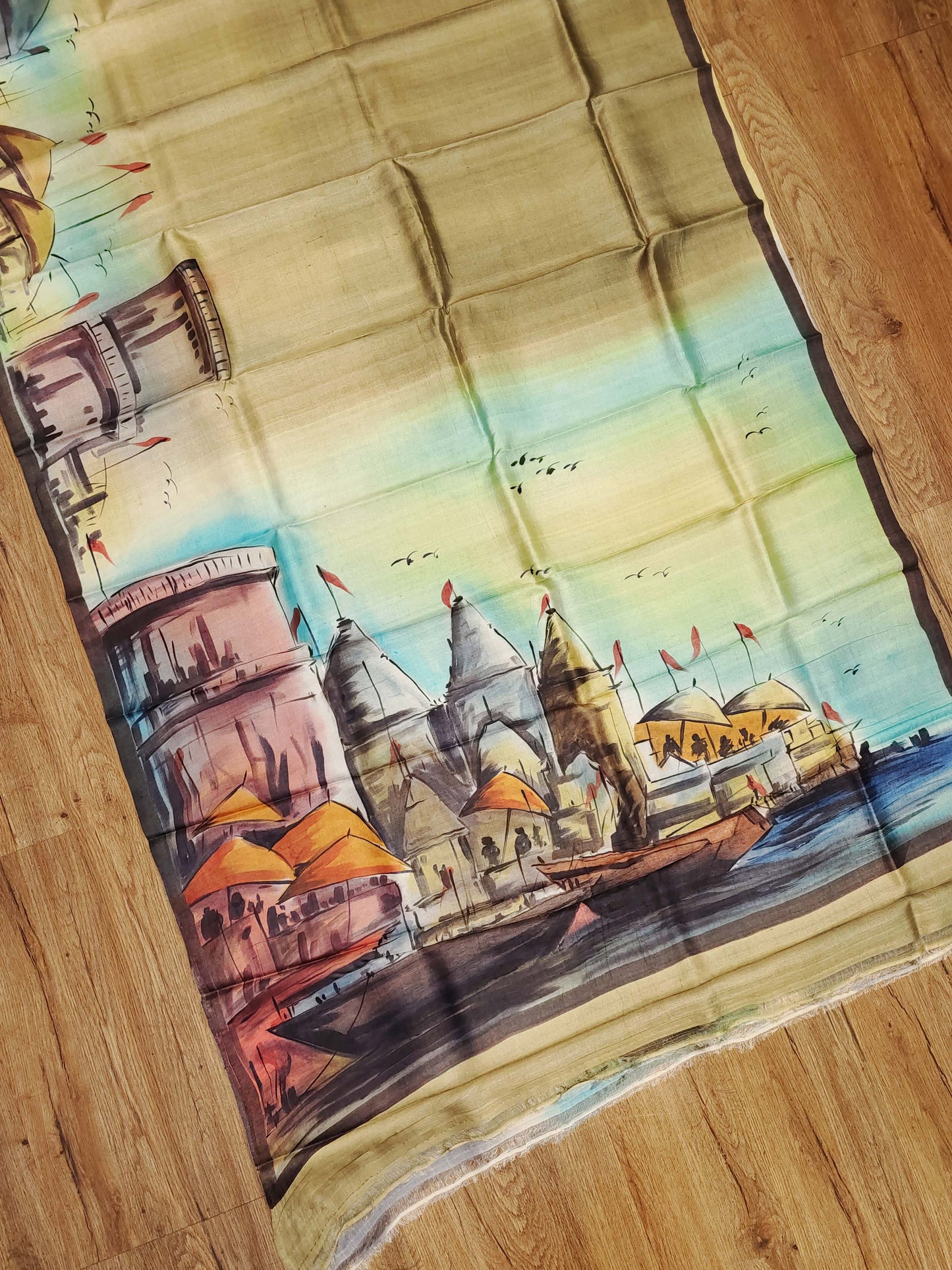 Hand Painted Banaras Ghat Pure Tussar Silk Saree